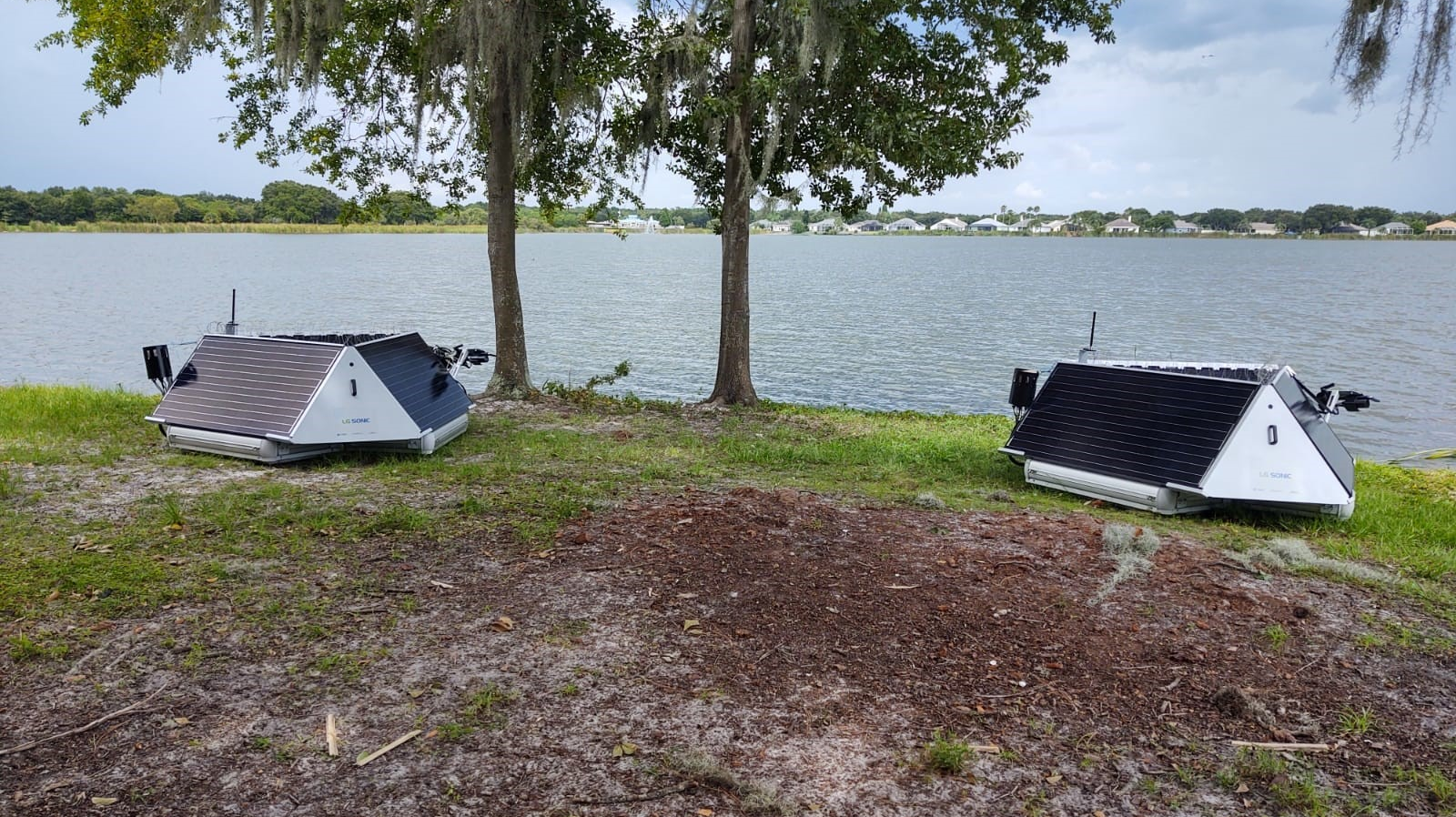 LG Sonic's two ultrasonic buoys, used on Lake St. Charles to neutralize surface algae.