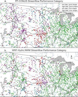 The researchers examined the components and processes within two enormous models known as ParFlow-CLM (top) and WRF-Hydro (bottom), which capture hydrological processes for the entire United States. It took a year of running supercomputer simulations and analyzing large data sets to resolve the biases and discrepancies between the two models, as well as compare them to almost 3,000 streamflow observations.