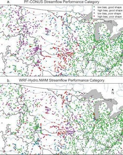 The researchers examined the components and processes within two enormous models known as ParFlow-CLM (top) and WRF-Hydro (bottom), which capture hydrological processes for the entire United States. It took a year of running supercomputer simulations and analyzing large data sets to resolve the biases and discrepancies between the two models, as well as compare them to almost 3,000 streamflow observations. The researchers examined the components and processes within two enormous models known as ParFlow-CLM (top) and WRF-Hydro (bottom), which capture hydrological processes for the entire United States. It took a year of running supercomputer simulations and analyzing large data sets to resolve the biases and discrepancies between the two models, as well as compare them to almost 3,000 streamflow observations.