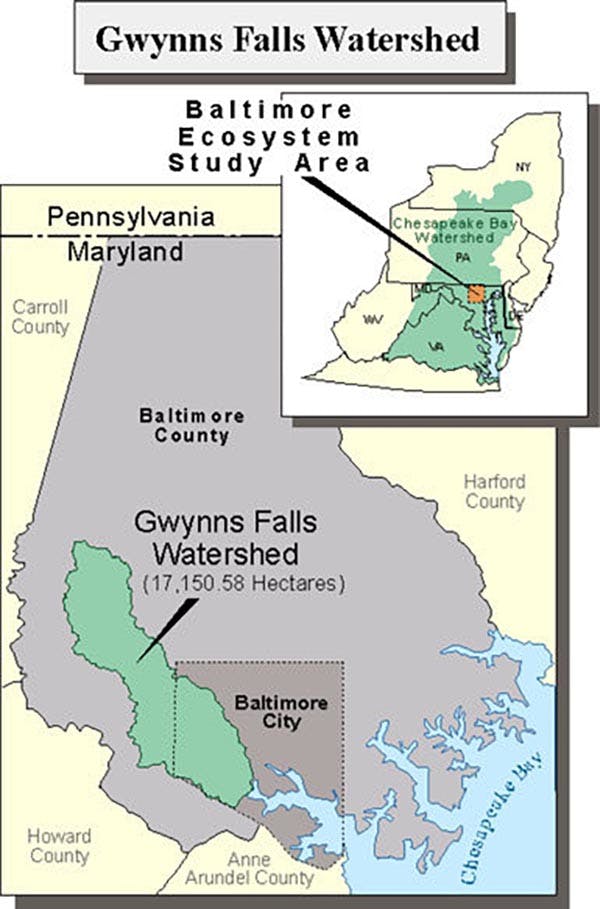 The Gwynns Falls watershed comprises a network of urban tributaries flowing into the Gwynns Falls stream; this stream empties into Baltimore&rsquo;s Inner Harbor, which opens to the Chesapeake Bay.