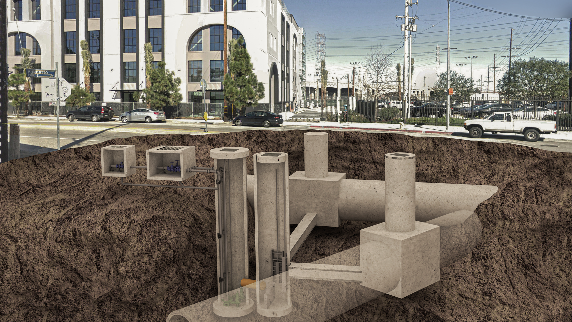 An illustration of Los Angeles's Low Flow Diversion project installations.