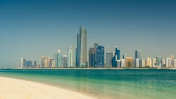 Abu Dhabi, a sprawling city in the United Arab Emirates that's located directly south of the Taweelah desalination plant. Abu Dhabi, a sprawling city in the United Arab Emirates that's located directly south of the Taweelah desalination plant.