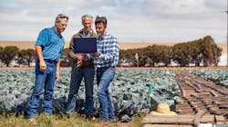 Mark Mason, a farm manager with Nature&rsquo;s Reward; Michael Cahn, an irrigation advisor with University of California, Agriculture and Natural Resources; and Forrest Melton, an OpenET and NASA scientist, look at OpenET from a field in Salinas, California.