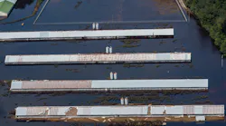 Aerial view of a CAFO farm surrounded by flood waters in Duplin County. North Carolina, USA.
