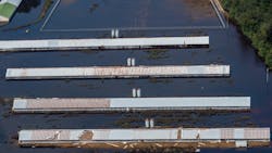 Aerial view of a CAFO farm surrounded by flood waters in Duplin County. North Carolina, USA. Aerial view of a CAFO farm surrounded by flood waters in Duplin County. North Carolina, USA.