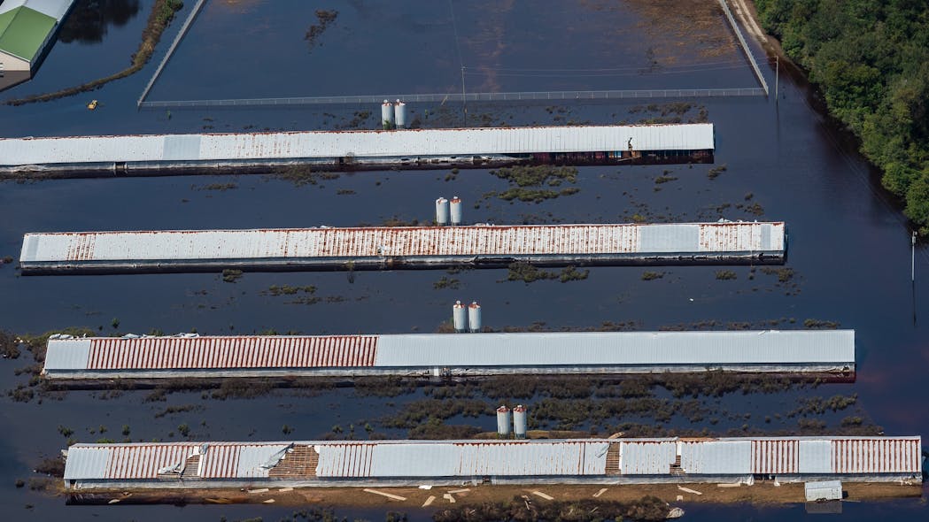Aerial view of a CAFO farm surrounded by flood waters in Duplin County. North Carolina, USA.