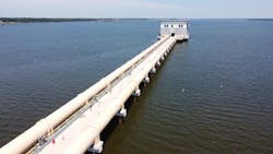 Two 108-inch transmission mains carry raw water over the lake to shore. Two 108-inch transmission mains carry raw water over the lake to shore.