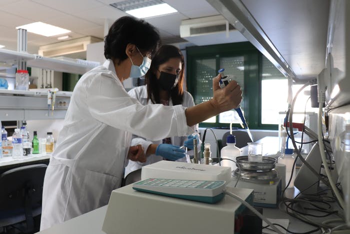 The researchers Soledad Rubio (left) and Ana Ballesteros, two of the authors of the research, carry out an experiment in the laboratory.