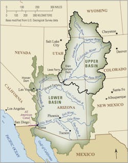 Map of Upper and Lower Colorado River Basins with major rivers and cities. Map also shows Upper Colorado River Basin outlet at Lees Ferry, Arizona.