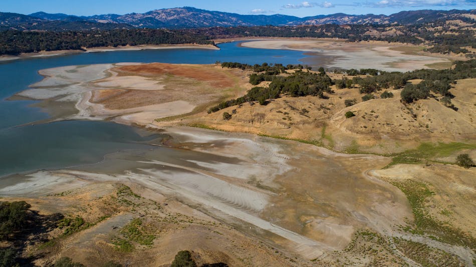 Low water levels at Lake Mendocino, a large reservoir in Mendocino County, on October 13, 2021.