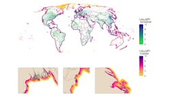 Global map of the terrestrial sources and coastal diffusion of inputs of total wastewater N. Below images show zoomed-in views of, left to right: Ganges, Danube, and Chang Jiang (Yangtze) Rivers.