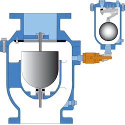 The dual body design of this air valve, consisting of an air release valve piped to an air/vacuum valve, is often used for larger pipelines. The dual body design of this air valve, consisting of an air release valve piped to an air/vacuum valve, is often used for larger pipelines.