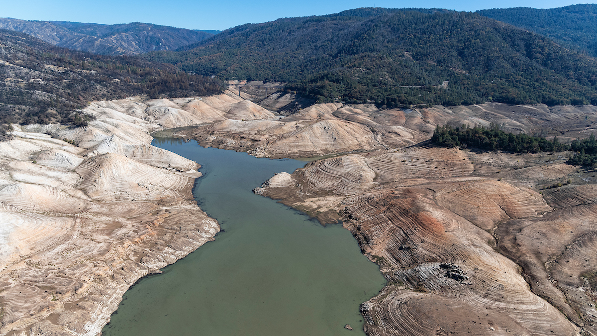 An aerial view of low water level at Lake Oroville. Photo taken Oct. 28, 2021.