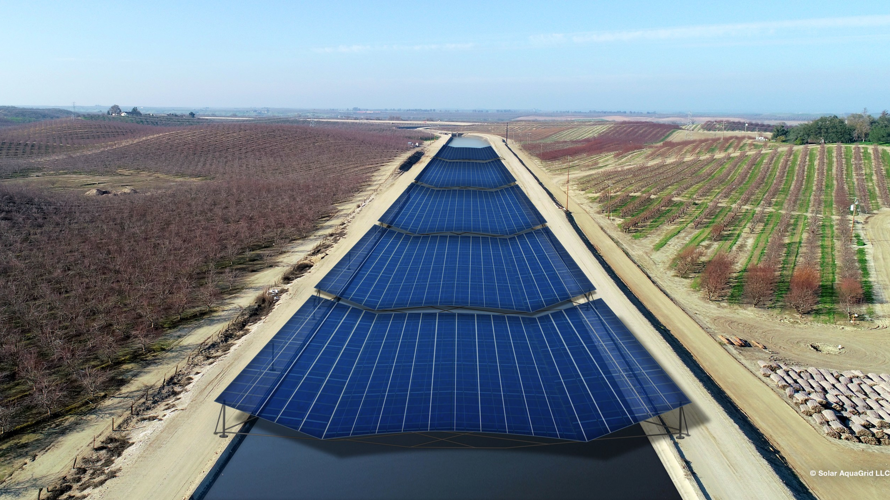 A rendering of solar panels over a canal.