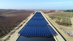 A rendering of solar panels over a canal. A rendering of solar panels over a canal.
