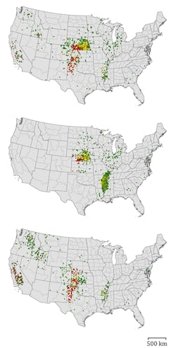 Spatial distribution of production loss by agricultural district from sustainable groundwater scenarios with varying recharge rates for corn (top map), soybean (middle map), and winter wheat (bottom map). Red, orange, yellow, and chartreuse dots show production lost by agricultural district for sustainable groundwater use scenarios based on 100% recharge, 75% &ndash; 100% recharge, 50% &ndash; 75% recharge, and 25% &ndash; 50% recharge, respectively. Green dots show sustainable production.