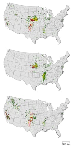 Spatial distribution of production loss by agricultural district from sustainable groundwater scenarios with varying recharge rates for corn (top map), soybean (middle map), and winter wheat (bottom map). Red, orange, yellow, and chartreuse dots show production lost by agricultural district for sustainable groundwater use scenarios based on 100% recharge, 75% – 100% recharge, 50% – 75% recharge, and 25% – 50% recharge, respectively. Green dots show sustainable production. Spatial distribution of production loss by agricultural district from sustainable groundwater scenarios with varying recharge rates for corn (top map), soybean (middle map), and winter wheat (bottom map). Red, orange, yellow, and chartreuse dots show production lost by agricultural district for sustainable groundwater use scenarios based on 100% recharge, 75% – 100% recharge, 50% – 75% recharge, and 25% – 50% recharge, respectively. Green dots show sustainable production.