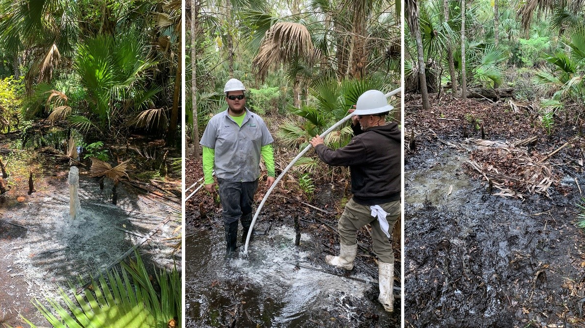 Left: The District recently plugged a flowing artesian well on the banks of the Wekiva River. Middle: contractor plugging the well. Right: The well casing was cut off below the surface of the land and all flow has ceased.