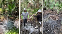 Left: The District recently plugged a flowing artesian well on the banks of the Wekiva River. Middle: contractor plugging the well. Right: The well casing was cut off below the surface of the land and all flow has ceased. Left: The District recently plugged a flowing artesian well on the banks of the Wekiva River. Middle: contractor plugging the well. Right: The well casing was cut off below the surface of the land and all flow has ceased.
