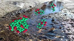 The photo illustration shows GenX molecules, the red and green circles, superimposed over a stream. the interaction between GenX and water lead to the formation of micelles, which occur in higher concentrations near surfaces, like the pebbles of the stream