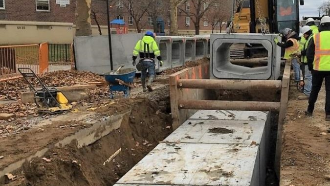 Crews install large &ldquo;box&rdquo; sewers to reduce flooding in the Canarsie and East New York neighborhoods of Brooklyn.