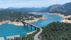 The Pit River Bridge spans Lake Shasta in this aerial view of low water conditions when on this date, the storage was 1,820,933 AF (Acre Feet) which is 40 percent of Total Capacity. Photo taken May 24, 2022.