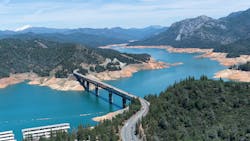 The Pit River Bridge spans Lake Shasta in this aerial view of low water conditions when on this date, the storage was 1,820,933 AF (Acre Feet) which is 40 percent of Total Capacity. Photo taken May 24, 2022. The Pit River Bridge spans Lake Shasta in this aerial view of low water conditions when on this date, the storage was 1,820,933 AF (Acre Feet) which is 40 percent of Total Capacity. Photo taken May 24, 2022.