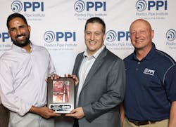 Nik Koganti of Performance Pipe (left) and Dell Doyle of Dow (center) with PPI’s Randy Knapp, the director of engineering for the association’s Energy Piping Systems Division. Nik Koganti of Performance Pipe (left) and Dell Doyle of Dow (center) with PPI’s Randy Knapp, the director of engineering for the association’s Energy Piping Systems Division.