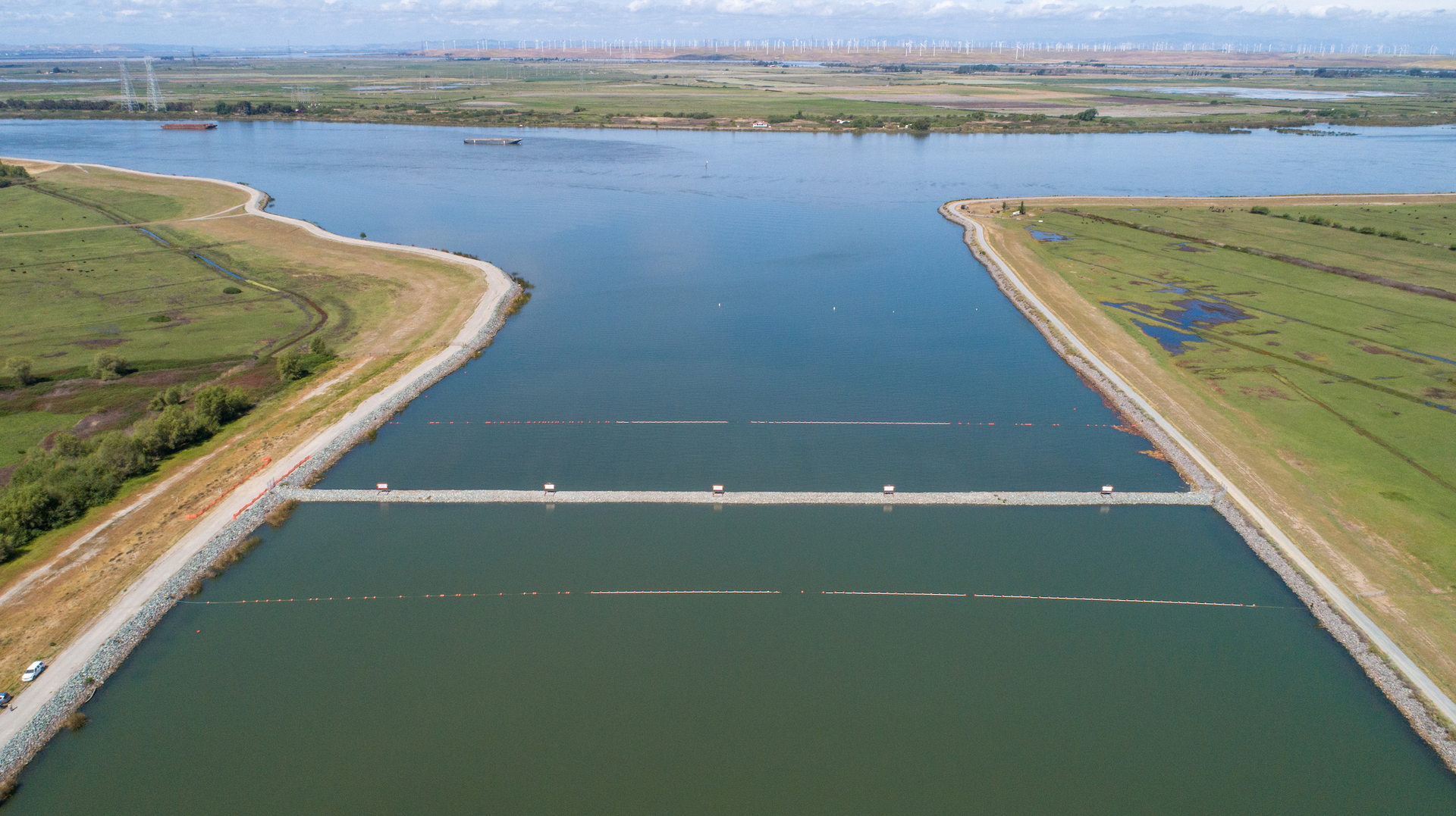 The completed Emergency Drought Salinity Barrier on the West False River near Oakley in the Sacramento-San Joaquin Delta in Contra Costa County. Photo taken April 20, 2022.