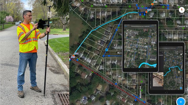 Mobile workers capture storm and sewer assets in ArcGIS Field Maps paired with an Eos Arrow Gold GNSS receiver. Supporting media such as photos helps create a complete digital twin of the city&rsquo;s storm and sewer systems.