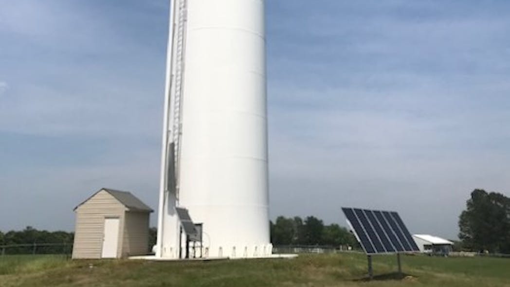 One of two water tanks in Searcy, Ark., is a 300,000-standpipe that is 125 feet tall. Its mixer is powered by a solar grid which converts to AC power and operates the mixer.