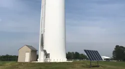 One of two water tanks in Searcy, Ark., is a 300,000-standpipe that is 125 feet tall. Its mixer is powered by a solar grid which converts to AC power and operates the mixer.
