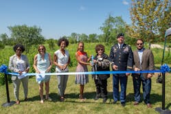 From L to R: State Sen. Adriane Johnson (30th Dist.), Lake County Forest Preserve District Commissioner Marah Altenberg, MWRD Commissioner Chakena D. Perry, MWRD President Kari K. Steele, Village of Buffalo Grove President Beverly Sussman, USACE Chicago District Commander Col. Paul Culberson, and Wheeling Village Manager Jon Sfondilis cut the ribbon on the $9.7 million investment.