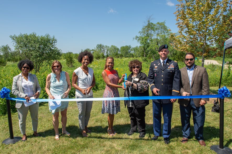 From L to R: State Sen. Adriane Johnson (30th Dist.), Lake County Forest Preserve District Commissioner Marah Altenberg, MWRD Commissioner Chakena D. Perry, MWRD President Kari K. Steele, Village of Buffalo Grove President Beverly Sussman, USACE Chicago District Commander Col. Paul Culberson, and Wheeling Village Manager Jon Sfondilis cut the ribbon on the $9.7 million investment.