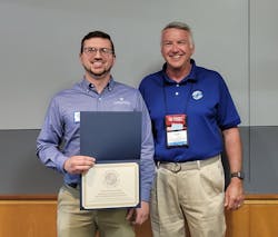 Pennsylvania American Water Senior Superintendent Jeff Horton (left) accepts the West Shore Regional Treatment Plant’s Phase III Directors Award from Partnership for Safe Water representative Paul Zielinski. Pennsylvania American Water Senior Superintendent Jeff Horton (left) accepts the West Shore Regional Treatment Plant’s Phase III Directors Award from Partnership for Safe Water representative Paul Zielinski.