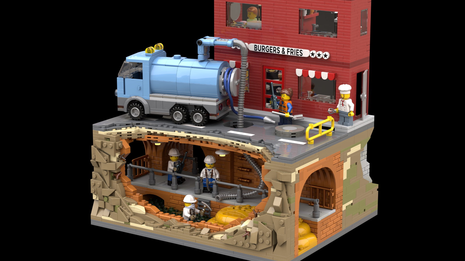 In &ldquo;Sewer Heroes: Fighting the Fatberg,&rdquo; a 360-degree underground cutaway display and play set features a mixed-use residential/commercial building with the 'Burgers & Fries' restaurant on the ground floor and residential units above. Below the street level, members of a fatberg removal team are hard at work.