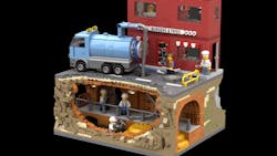 In “Sewer Heroes: Fighting the Fatberg,” a 360-degree underground cutaway display and play set features a mixed-use residential/commercial building with the 'Burgers & Fries' restaurant on the ground floor and residential units above. Below the street level, members of a fatberg removal team are hard at work. In “Sewer Heroes: Fighting the Fatberg,” a 360-degree underground cutaway display and play set features a mixed-use residential/commercial building with the 'Burgers & Fries' restaurant on the ground floor and residential units above. Below the street level, members of a fatberg removal team are hard at work.