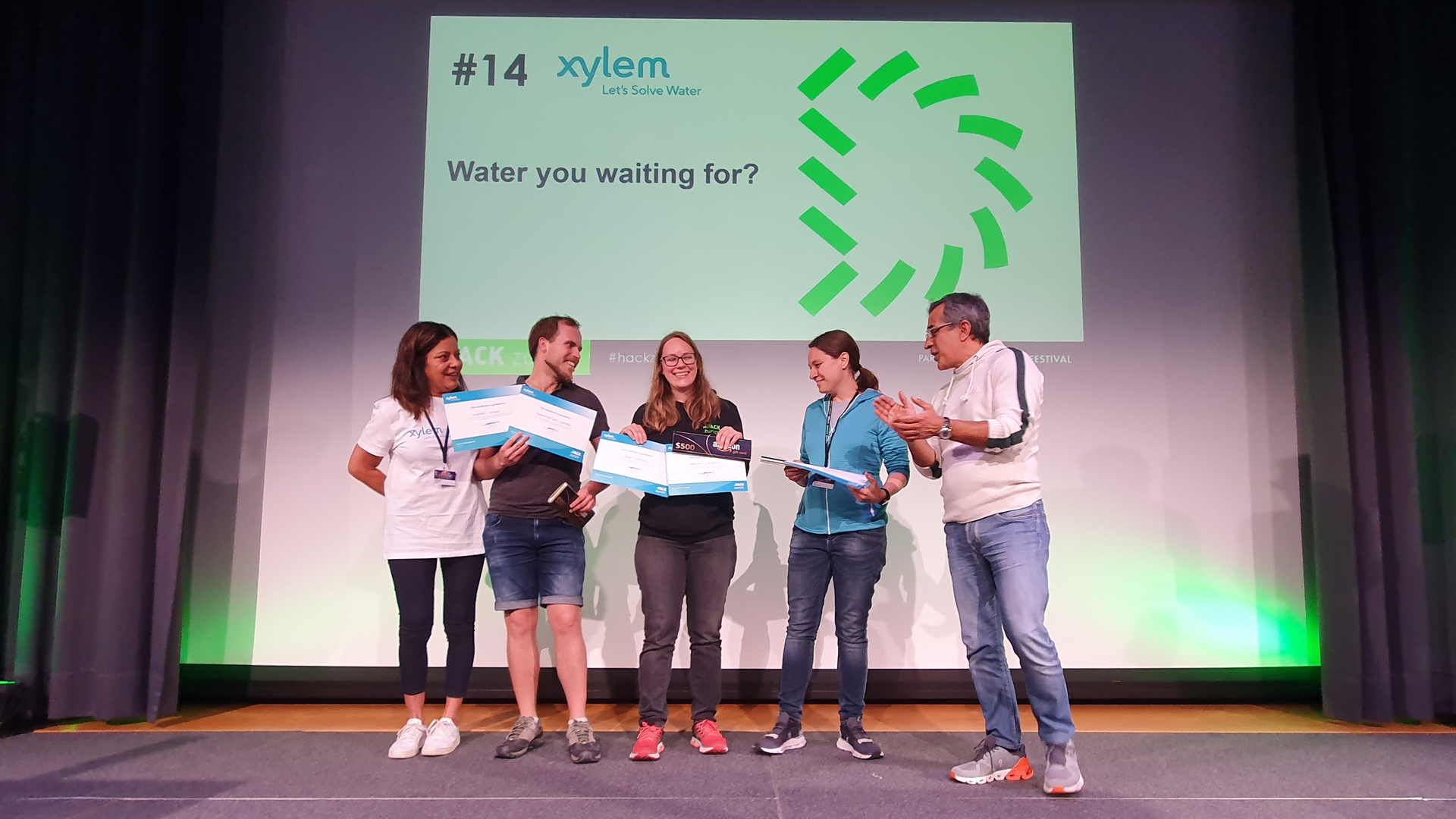 Pictured (L-R) at the event are Elisabetta Anastrelli, Marketing Director at Xylem, with WatApp team members Konstantinos Samaras-Tsakiris, Carolina Lindqvist and Jasmin Frei, and Hayati Yarkadas, President at Xylem Europe.