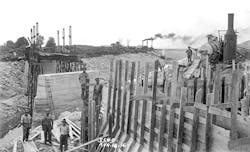 A view to the west at construction of a bridge at 127th Street over the Cal-Sag Channel between Alsip and Crestwood on August 18, 1916. A view to the west at construction of a bridge at 127th Street over the Cal-Sag Channel between Alsip and Crestwood on August 18, 1916.