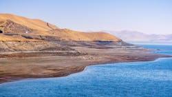 The shoreline of San Luis Reservoir, storing water for agricultural use in California.