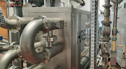 The HRS DTI Series heat exchanger raises sludge temperature to 36 degrees Celsius, with a capacity of 72,000 L/hr. The HRS DTI Series heat exchanger raises sludge temperature to 36 degrees Celsius, with a capacity of 72,000 L/hr.