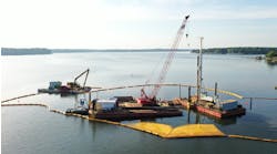 Floating barges assist in the construction of Union County&rsquo;s new water intake on Lake Tillery in Norwood, N.C.