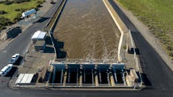 A drone provides a view of water pumped from the Harvey O. Banks Delta Pumping Plant into the California Aqueduct at 9,790 cubic feet per second after January storms. Photo taken Jan. 20, 2023. A drone provides a view of water pumped from the Harvey O. Banks Delta Pumping Plant into the California Aqueduct at 9,790 cubic feet per second after January storms. Photo taken Jan. 20, 2023.