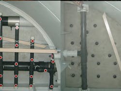 Fig. 4: Retrofit of steel plate underdrain system with header-lateral type, before (left) and after (right) the addition of concrete sub-fill. Fig. 4: Retrofit of steel plate underdrain system with header-lateral type, before (left) and after (right) the addition of concrete sub-fill.