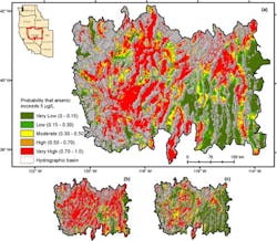 Predicted probability of arsenic ≥5 μg/L in alluvial aquifers of the western Great Basin. Bedrock aquifers and lakes are shown in gray and were not included in the arsenic hazard assessment. Predicted probability of arsenic ≥5 μg/L in alluvial aquifers of the western Great Basin. Bedrock aquifers and lakes are shown in gray and were not included in the arsenic hazard assessment.