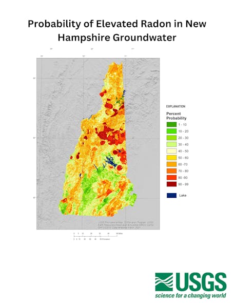 USGS map identifying the percent probability for any location in New Hampshire to have groundwater with radon concentrations greater than the state government&rsquo;s standard.