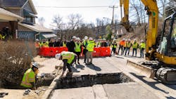 Local leaders, media, and PWSA staff look on as crews replace the 10,000th lead service in February 2023. Local leaders, media, and PWSA staff look on as crews replace the 10,000th lead service in February 2023.
