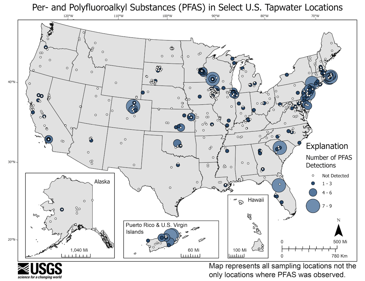 This map shows the number of PFAS detected in tap water samples from select sites across the nation. The findings are based on a USGS study of samples taken between 2016 and 2021 from private and public supplies at 716 locations.