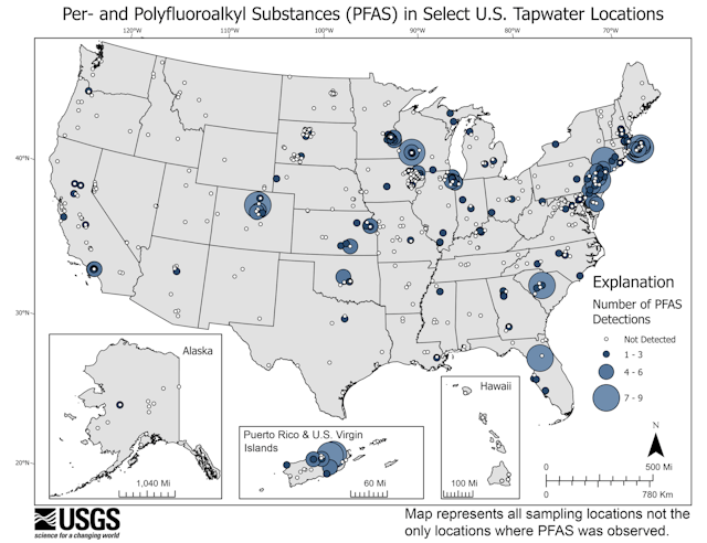 This map shows the number of PFAS detected in tap water samples from select sites across the nation. The findings are based on a USGS study of samples taken between 2016 and 2021 from private and public supplies at 716 locations.