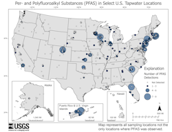 This map shows the number of PFAS detected in tap water samples from select sites across the nation. The findings are based on a USGS study of samples taken between 2016 and 2021 from private and public supplies at 716 locations. This map shows the number of PFAS detected in tap water samples from select sites across the nation. The findings are based on a USGS study of samples taken between 2016 and 2021 from private and public supplies at 716 locations.